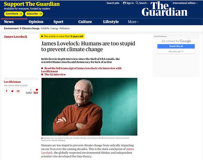2010년 3월 29일 가디언지에 실린 제임스 러브록 인터뷰. www.theguardian.com/science/2010/mar/29/james-lovelock-climate-change