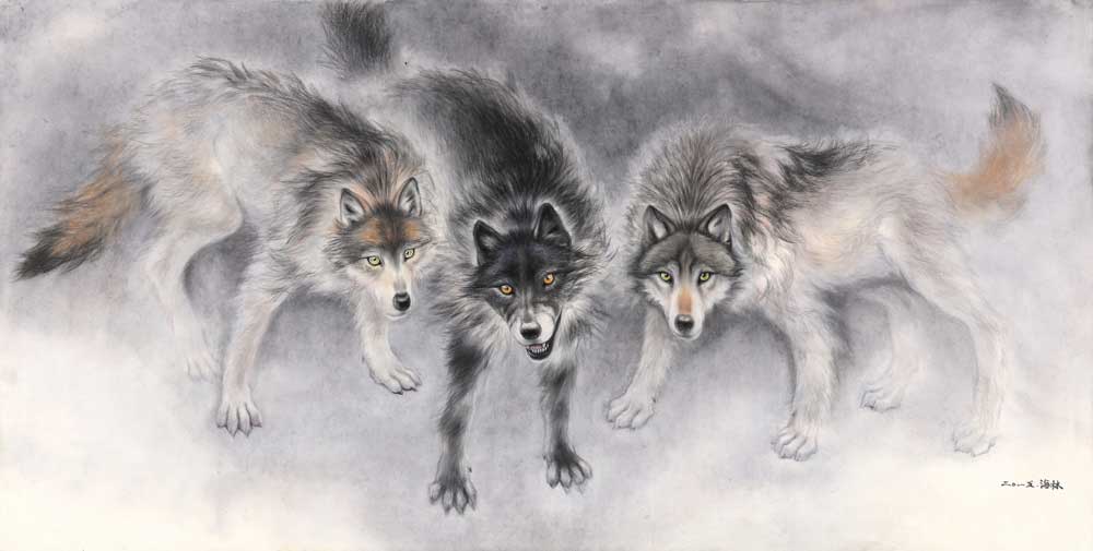 안개(fog)ㅣ73X143cmㅣ 장지 채색ㅣ2015 ㅣ 해림 한정선
길들여지지 않는 늑대. 작가는 자연의 늑대에게서 '저항 정신'을 발견한다.