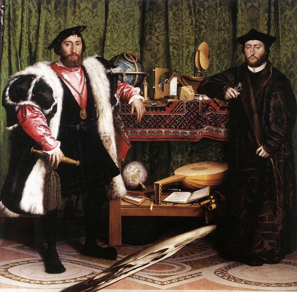 한스 홀바인(Hans Holbein the Younger), 대사들(The Ambassadors), 오크 패널에 유채, 207x209.5cm, 1533, 영국 런던 내셔널 갤러리 소장. 사진출처 : 위키피디아
https://commons.wikimedia.org/wiki/File:Hans_Holbein_the_Younger_-_The_Ambassadors_-_Google_Art_Project.jpg