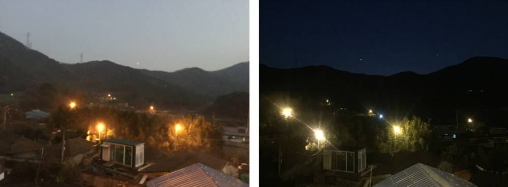 밤만디 내려오는 길에 보이는 비조마을. (좌)2016.11.19. 17:39 / (우)2017.11.4. 18:08